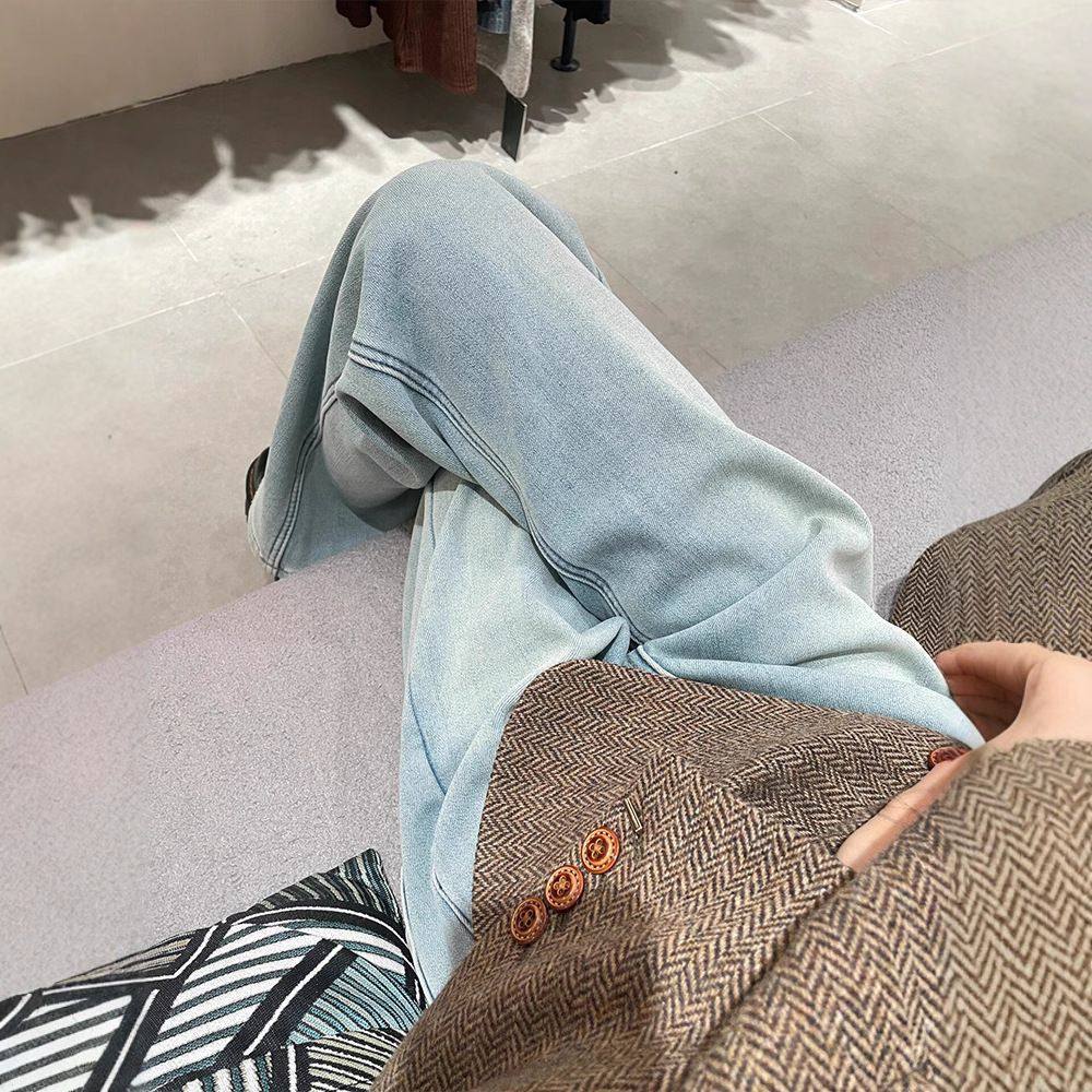 复古浅蓝色加绒阔腿牛仔裤女秋冬年新款春季小个子窄版直筒裤,女装/女士精品,大码裤装,淘宝优惠券,粉丝福利购,淘宝优惠卷