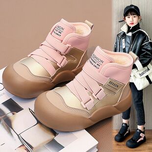 鞋子女童大棉保暖中大童棉靴皮面2025冬季新款男童雪地靴加厚