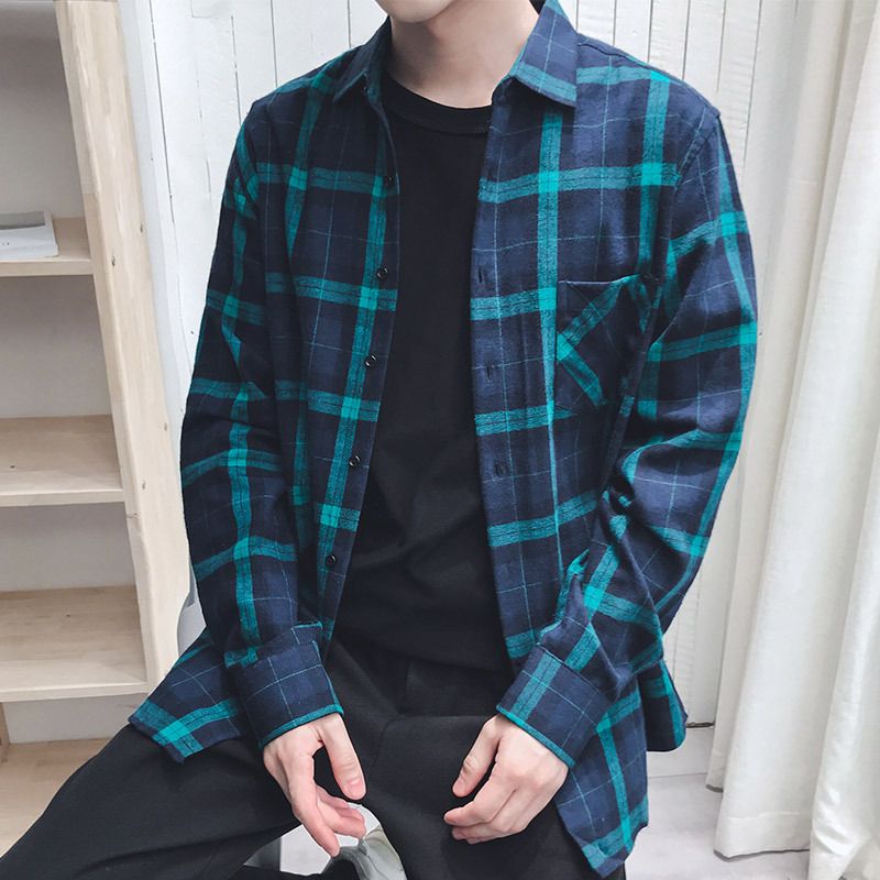 春秋新款磨毛格子纯棉衬衫男长袖青少年韩版修身休闲学生大码衬衣