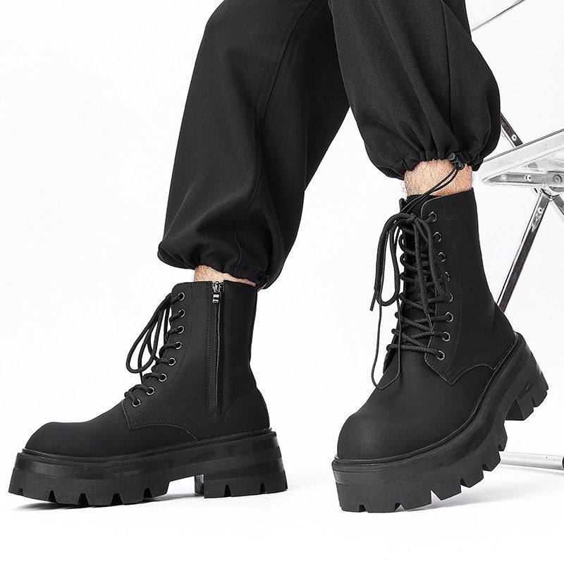 冬季马丁靴男高帮美式厚底增高机车靴欧美风黑色骑士拉链皮靴7068