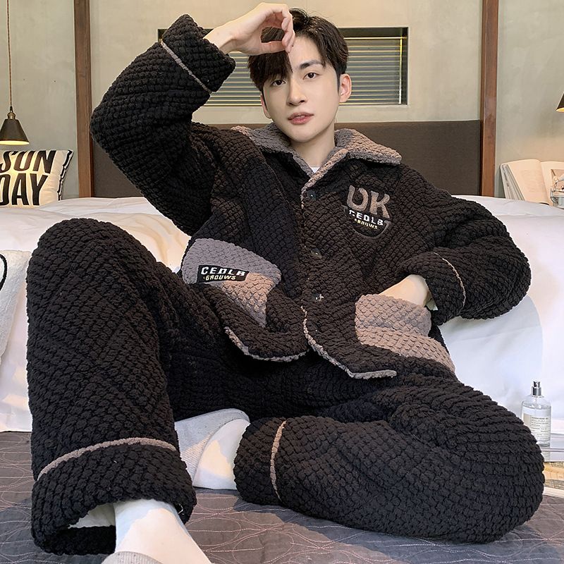 冬季新款珊瑚绒三层夹棉睡衣男加绒加厚保暖男士套装可外穿家居服