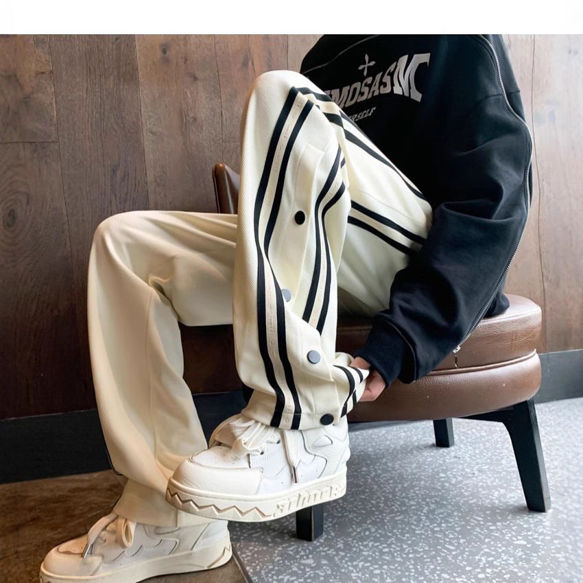 条纹运动裤男款新款春秋直筒排扣裤子青少年宽松阔腿休闲卫裤