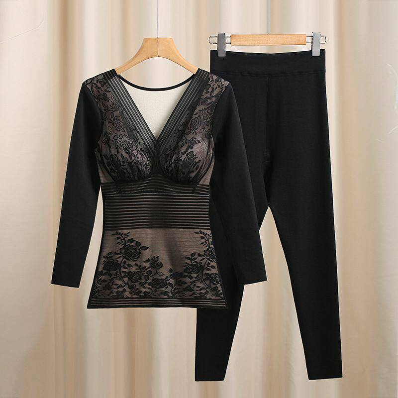 秋冬季黑色保暖内衣女套装带胸垫内搭收腹大码德加绒加厚秋衣秋裤