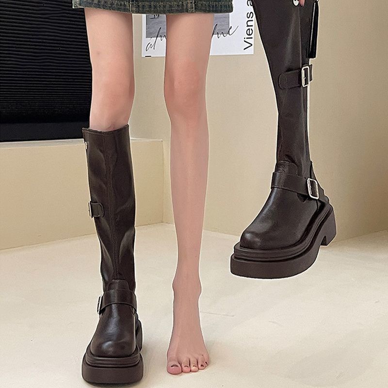 不过膝高筒靴长筒骑士机车靴2025秋新款百搭厚底欧美时装靴女