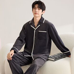 加绒加厚保暖海岛绒睡衣男秋冬季长袖开衫男士高级感家居服可外穿