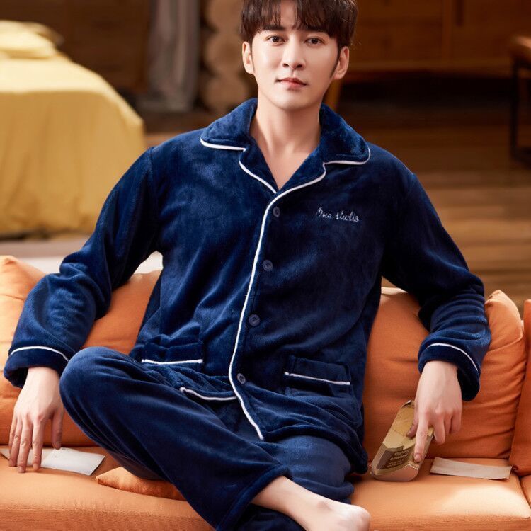 严选法兰绒睡衣秋冬男开衫加厚加绒珊瑚绒保暖大码男士家居服套装