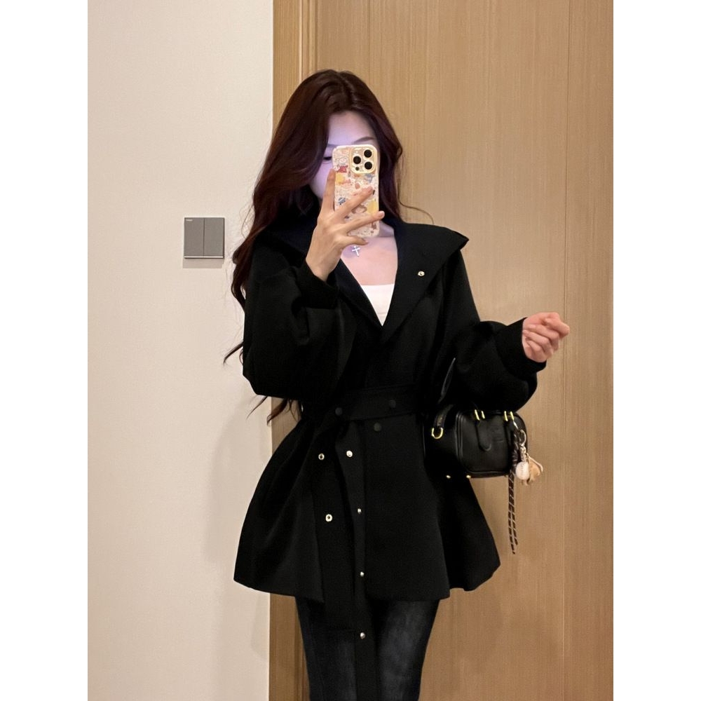 韩系灯笼袖收腰系带外套上衣女2025秋冬季新款小个子黑色连帽风衣