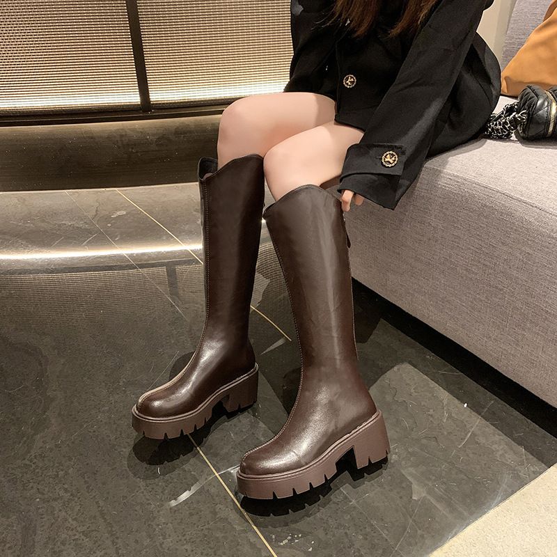 骑士靴女厚底年秋季新款长靴高筒马丁靴长筒靴小个子后拉链靴