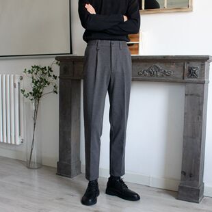 松紧腰男士秋冬加厚毛呢西裤男休闲九分裤呢料宽松直筒西装裤潮流
