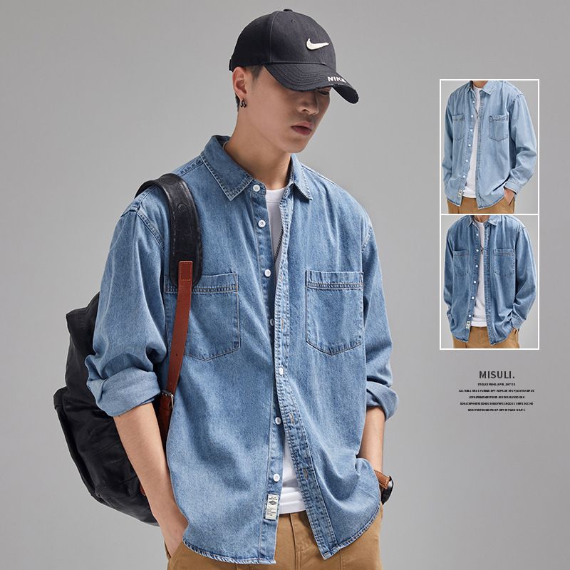 牛仔衬衫男长袖日系复古水洗休闲衬衣秋季工装外套男ins潮感