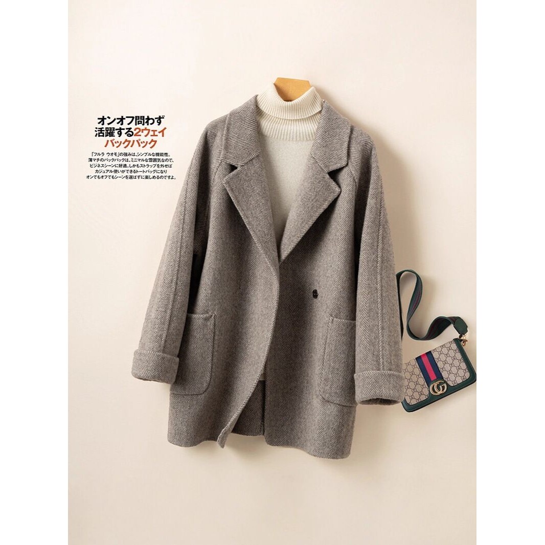 秋冬纯羊毛双面呢大衣女斜纹宽松小个子赫本风高级感西装毛呢外套