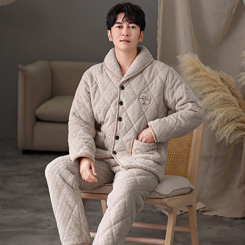 新款加厚加绒夹棉睡衣男三层夹棉保暖珊瑚绒冬款家居服套装可外穿