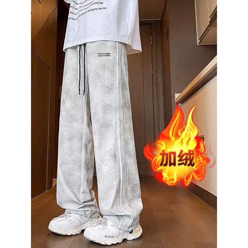 条纹裤子男款秋冬季宽松直筒运动卫裤美式潮流青少年男生休闲长裤