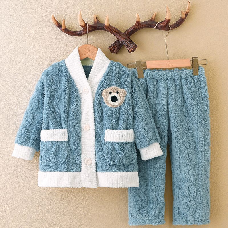 儿童睡衣加绒珊瑚绒秋冬季男孩女童中大童休闲法兰绒家居服加厚