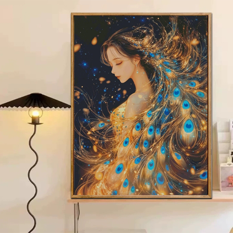 云翎带框钻石画满钻客厅装饰画粘钻十字绣孔雀公主女孩2025新款图片