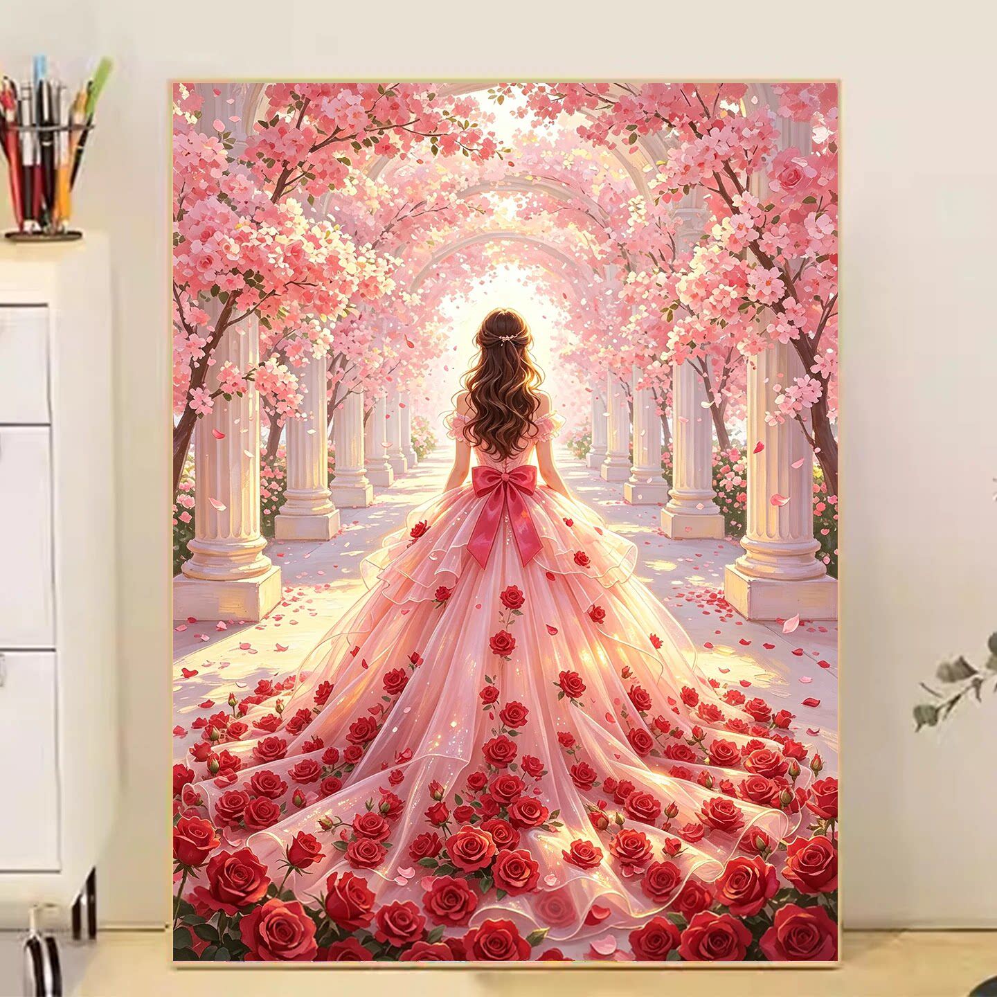 浪漫花廊公主背影钻石画满钻 粉色玫瑰少女DIY点钻卧室装饰画