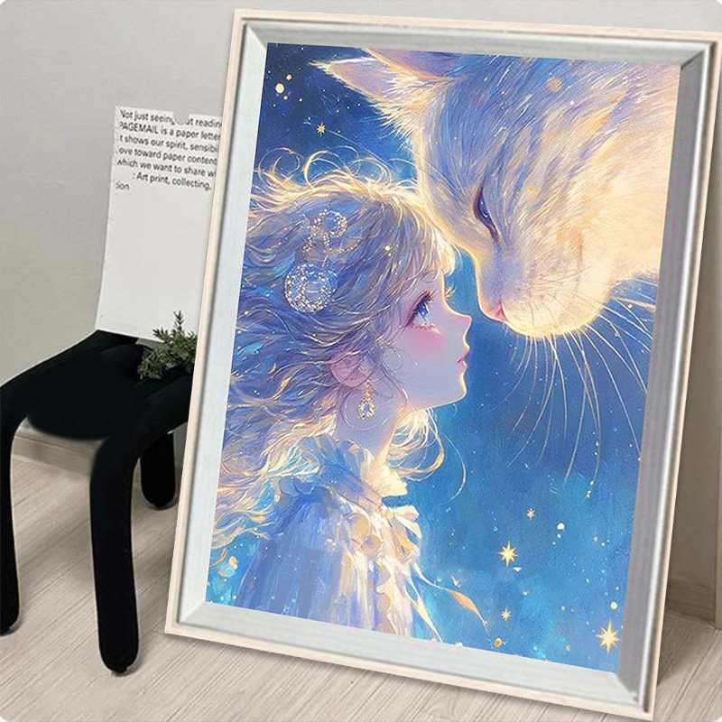 2025年新款云朵小猫咪钻石画卡通动漫带框手工diy砖石粘贴画礼物