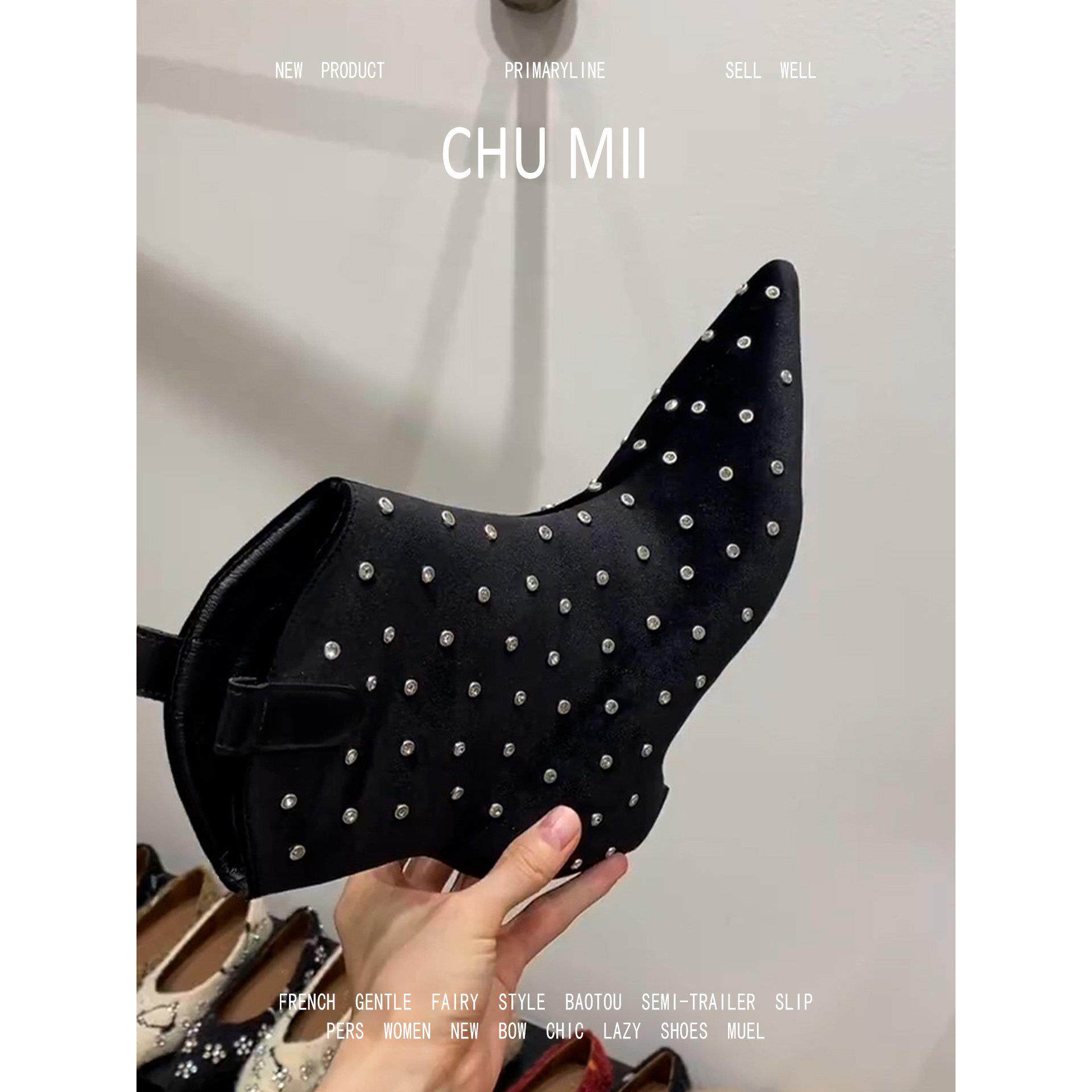 羊皮版~时尚铆钉尖头短靴女黑色内增高时装靴百搭短筒设计感踝靴