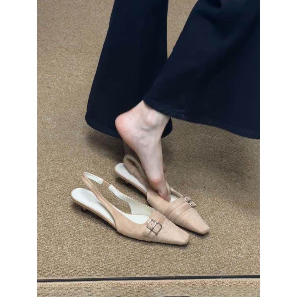 羊皮版~温柔粉双扣带配裙子凉鞋女法式绒面方头后绊带小高跟单鞋