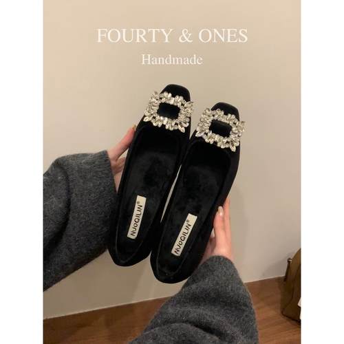 羊毛版~法式水钻方扣粗跟单鞋女2025新款气质晚晚鞋保暖毛绒女鞋