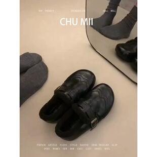 羊皮版~复古雕花英伦风小皮鞋女圆头内增高真皮单鞋法式加绒棉鞋