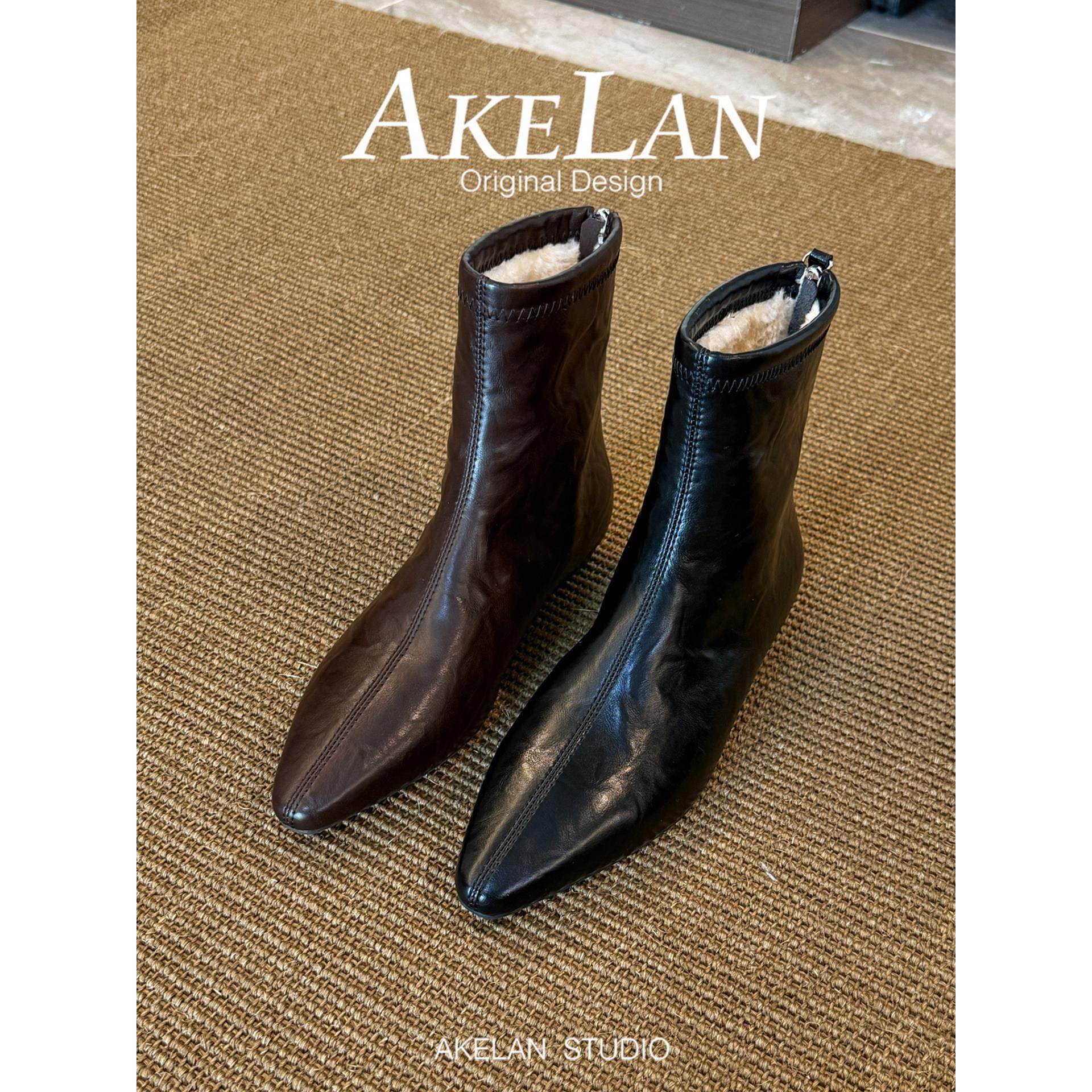 羊皮版~鞋子女冬加绒尖头马丁靴坡跟复古短靴法式气质弹力瘦瘦靴,女鞋,时装靴,淘宝优惠券,粉丝福利购,淘宝优惠卷