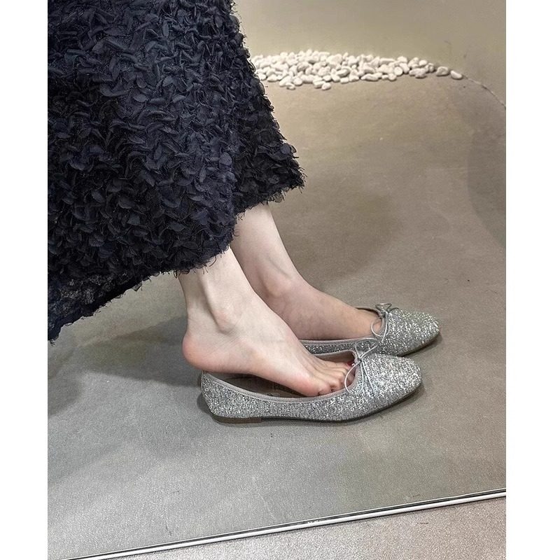 羊皮版！银色亮片平底单鞋女配裙子蝴蝶结芭蕾舞鞋一脚蹬浅口瓢鞋