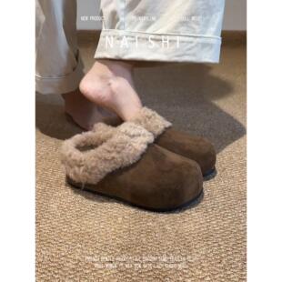 羊皮版!复古勃肯鞋冬季百搭加绒保暖棉拖鞋厚底毛绒包头半拖鞋