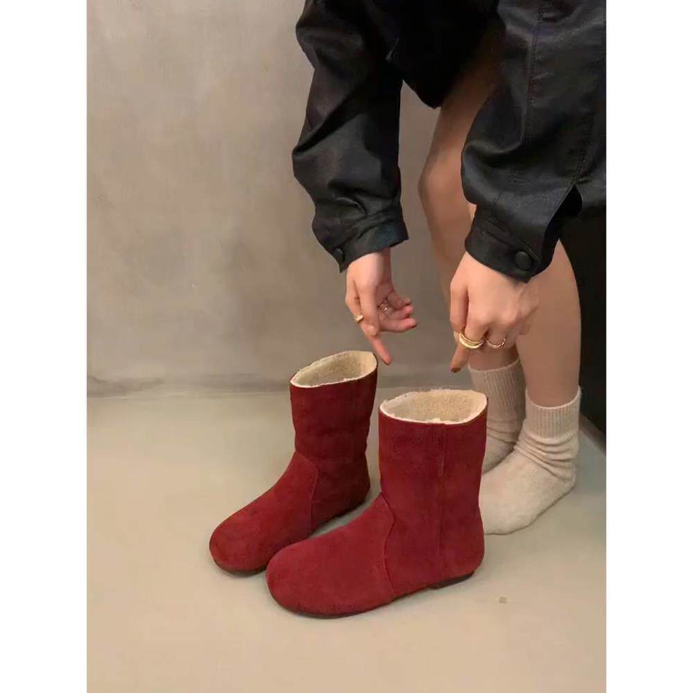 牛皮版~百搭复古红色气质绒面西部靴女冬季保暖加绒内增高勃肯靴