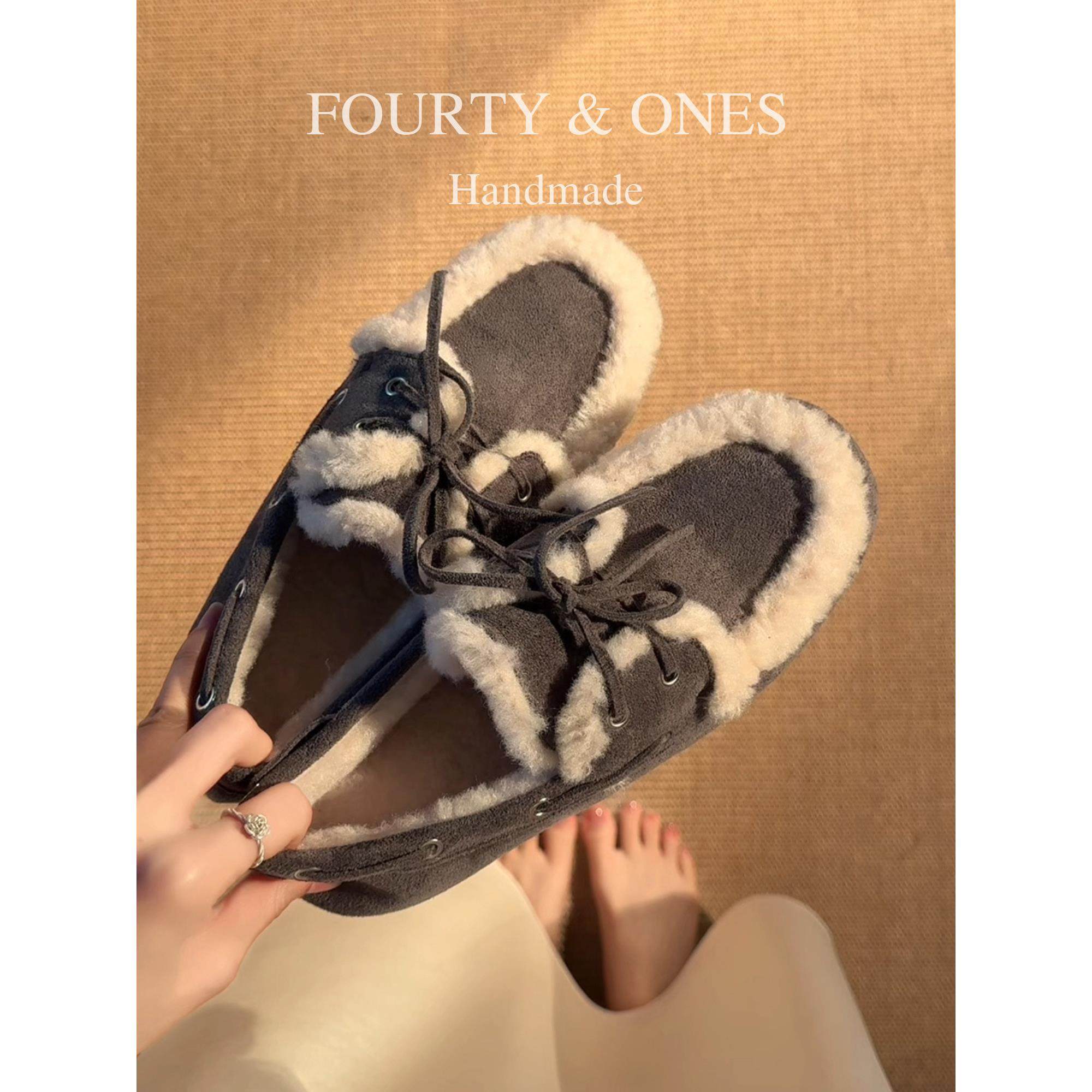 羊毛版~圆头加绒乐福鞋女磨砂皮系带豆豆鞋休闲百搭保暖毛毛单鞋