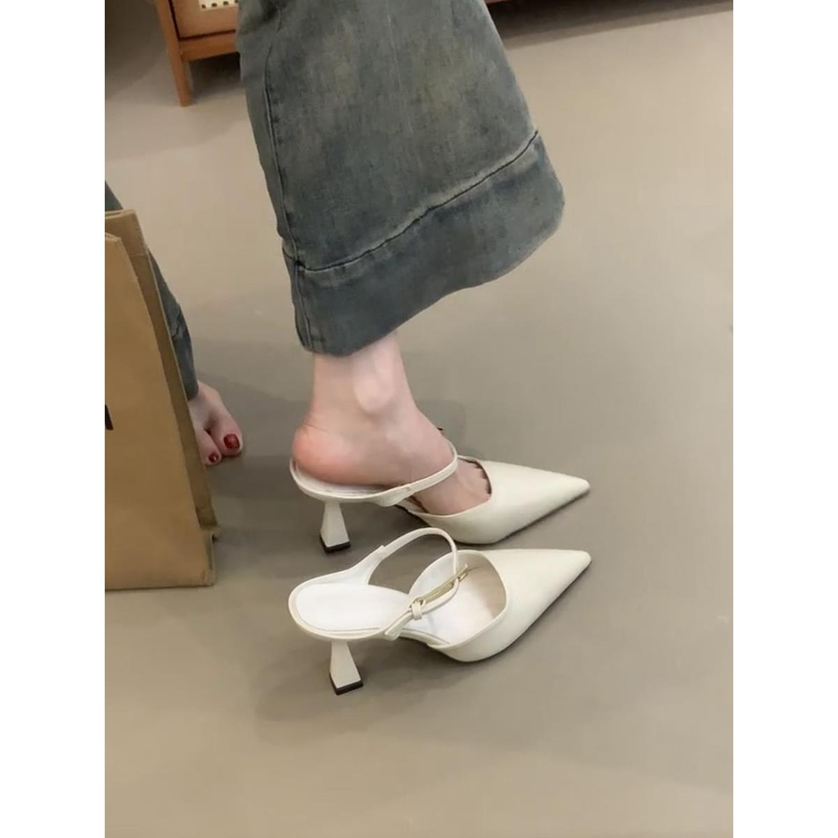 羊皮版~法式尖头气质高跟凉鞋女一字扣带通勤细跟包头凉拖鞋外穿