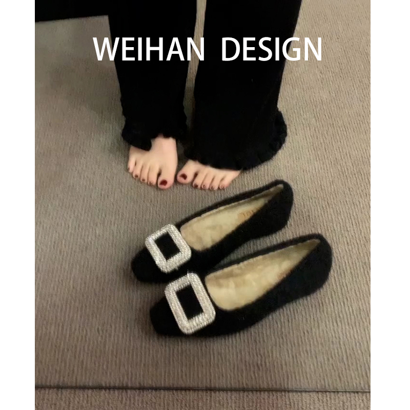 羊皮版！气质水钻方扣毛毛鞋女低跟加绒棉鞋一脚蹬玛丽珍鞋通勤鞋