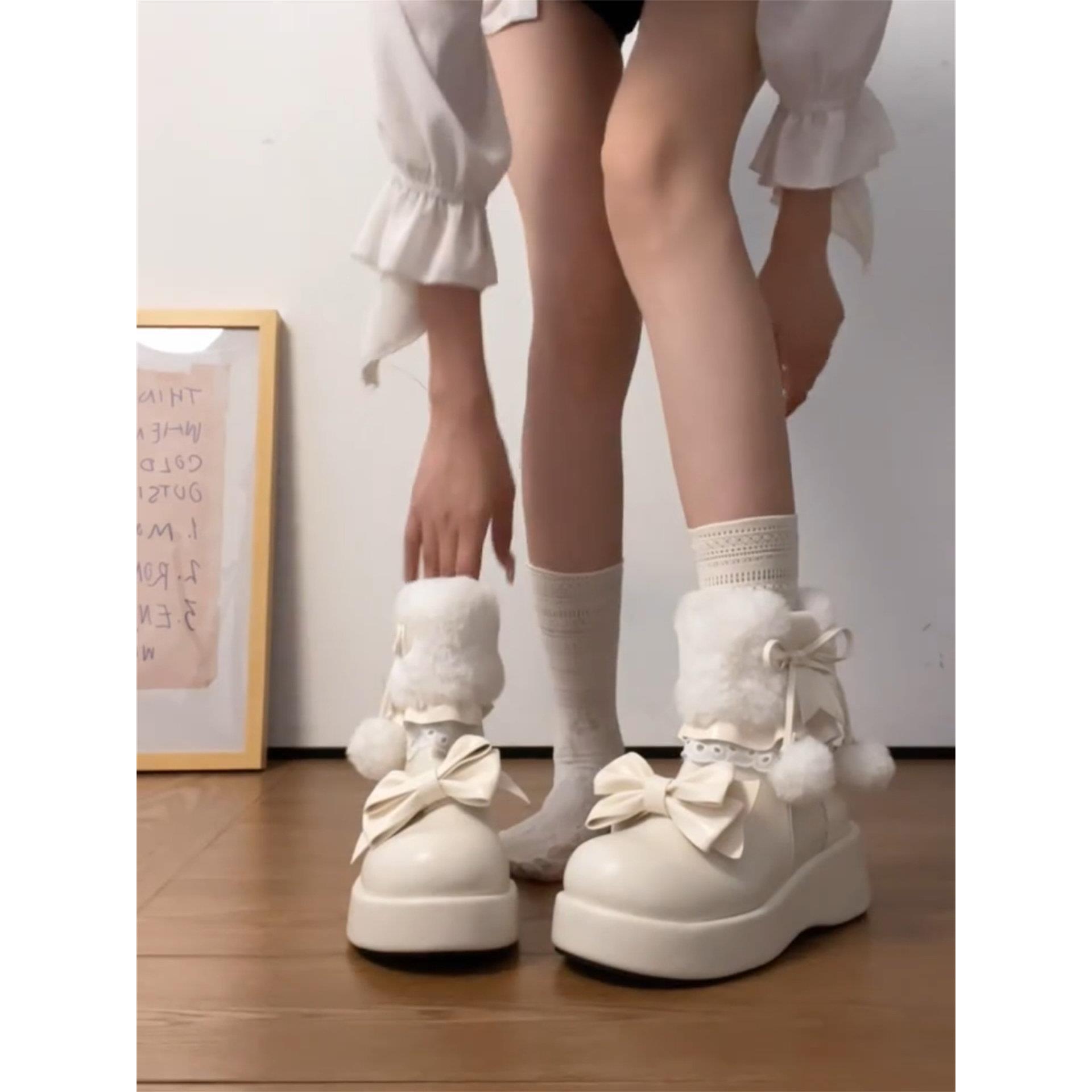羊皮版!甜美蝴蝶结厚底雪地靴女冬季加绒保暖毛毛短靴厚底棉鞋