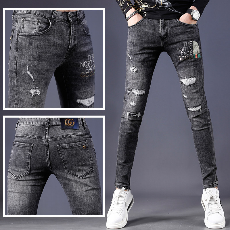 高端破洞牛仔裤男秋季2021年新款百搭修身小脚乞丐裤子男士休闲裤