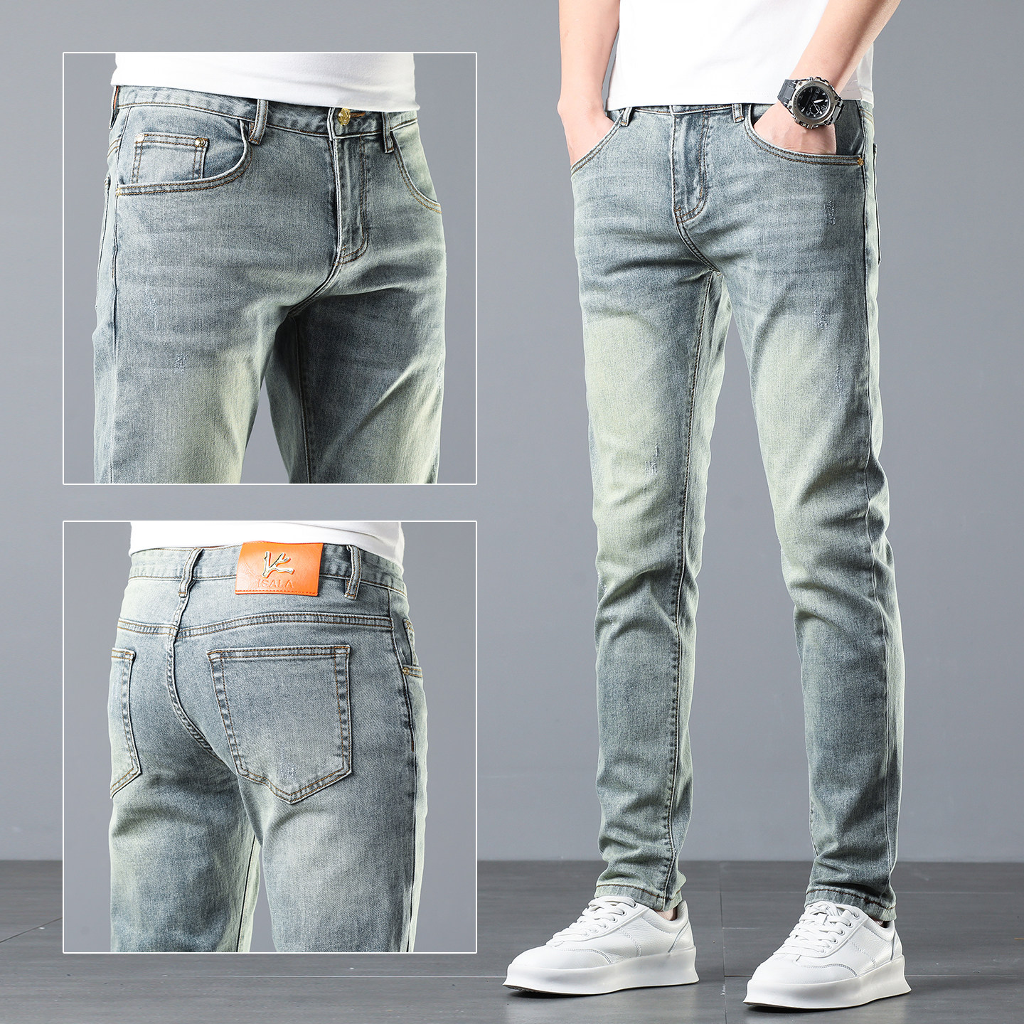 高端牛仔裤男款春季新款复古蓝色修身小脚弹力百搭男士九分长裤男