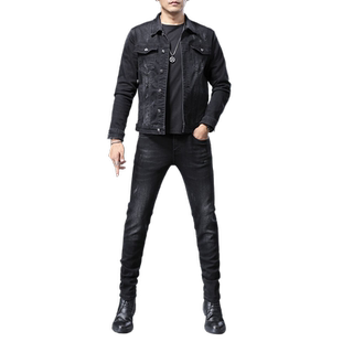 2024年新款男士高端时尚牛仔套装男外套上衣夹克休闲裤子修身弹力