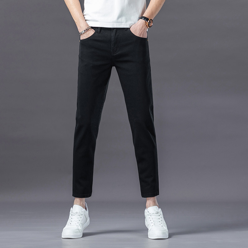 香港高端九分牛仔裤男夏季薄款纯黑色修身直筒潮流休闲弹力裤子男