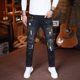 男款 秋冬新款 潮流泼墨修身 黑色破洞牛仔裤 小直筒高端弹力百搭长裤