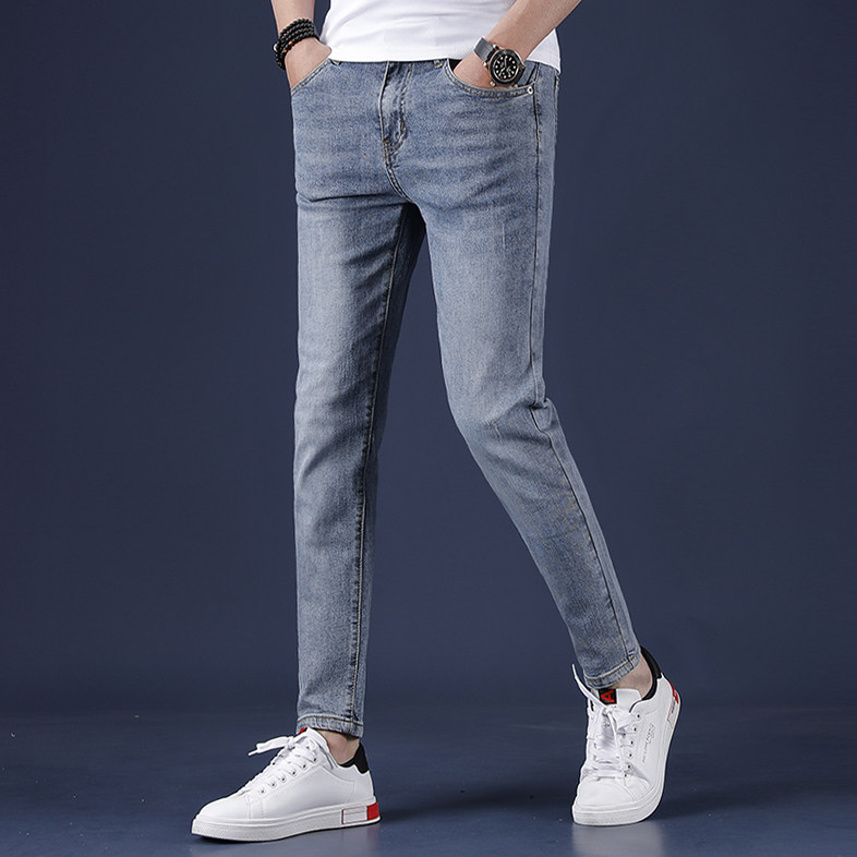 2021春夏季男生牛仔裤潮牌韩版修身小脚裤潮流弹力薄款休闲九分裤