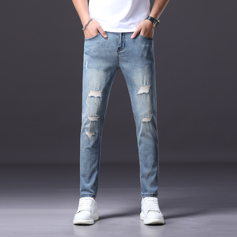 香港高端九分破洞牛仔裤男2025新款夏季薄款修身小脚弹力百搭裤子