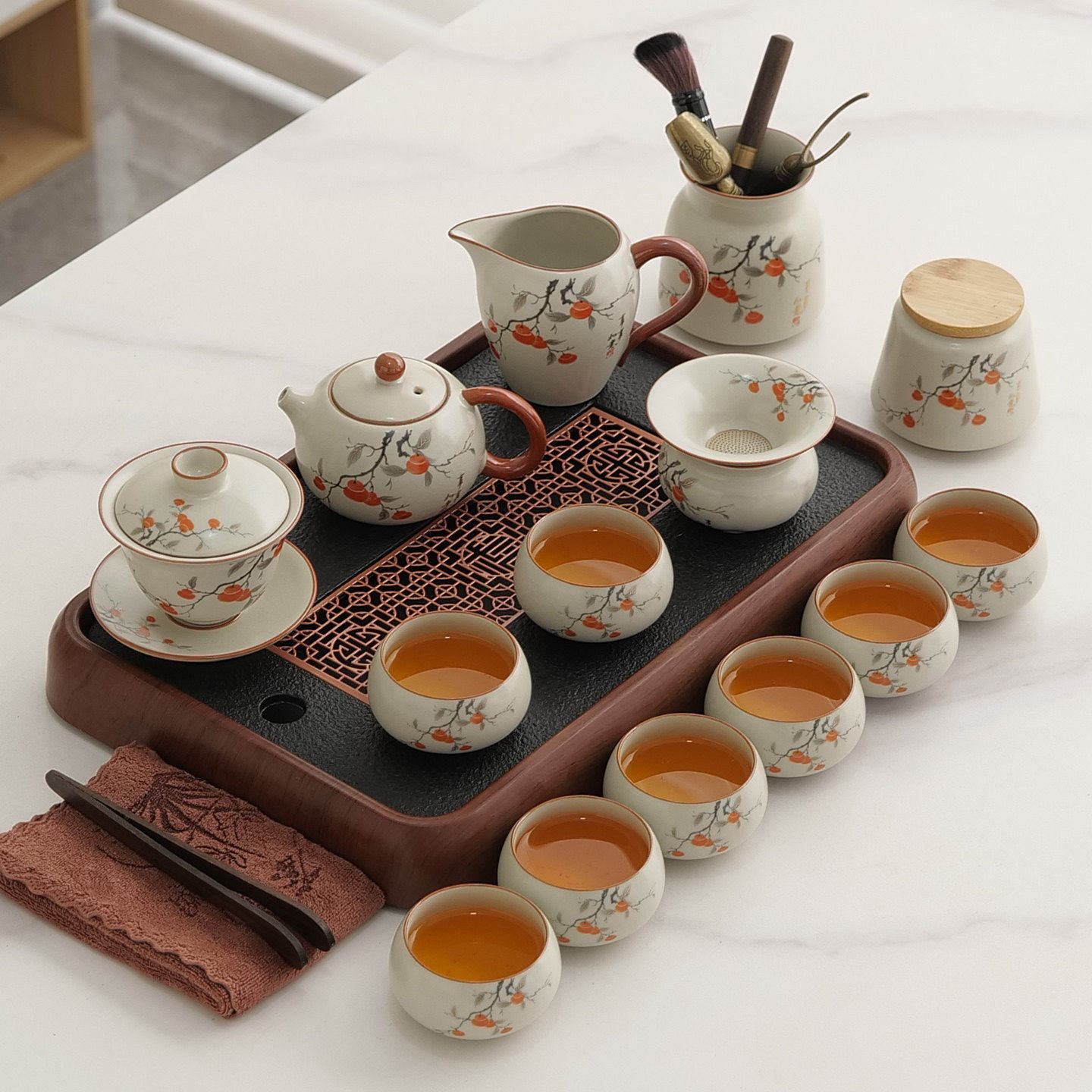 事柿如意新款汝窑功夫茶具套装陶瓷茶壶杯茶盘一整套轻奢高档家用
