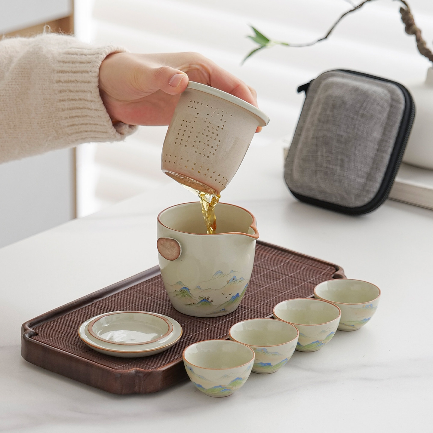 汝窑旅行茶具套装家用陶瓷便携式户外车载快客杯子泡茶壶器带茶盘