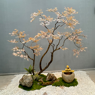 大型仿真红枫树楼梯下茶室造景装饰假红枫叶树室内外绿植禅意景观