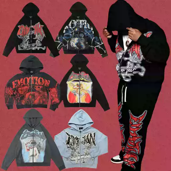 Correct Version Mixed Emotion American Street Retro High Street Rhinestone Cardigan Sweatshirt Hoodie Set Trendy