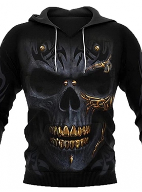 外贸亚马逊速卖通男士卫衣3D金牙骷髅印花图案拉链卫衣休闲开衫款