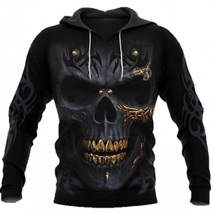 外贸亚马逊速卖通男士卫衣3D金牙骷髅印花图案拉链卫衣休闲开衫款
