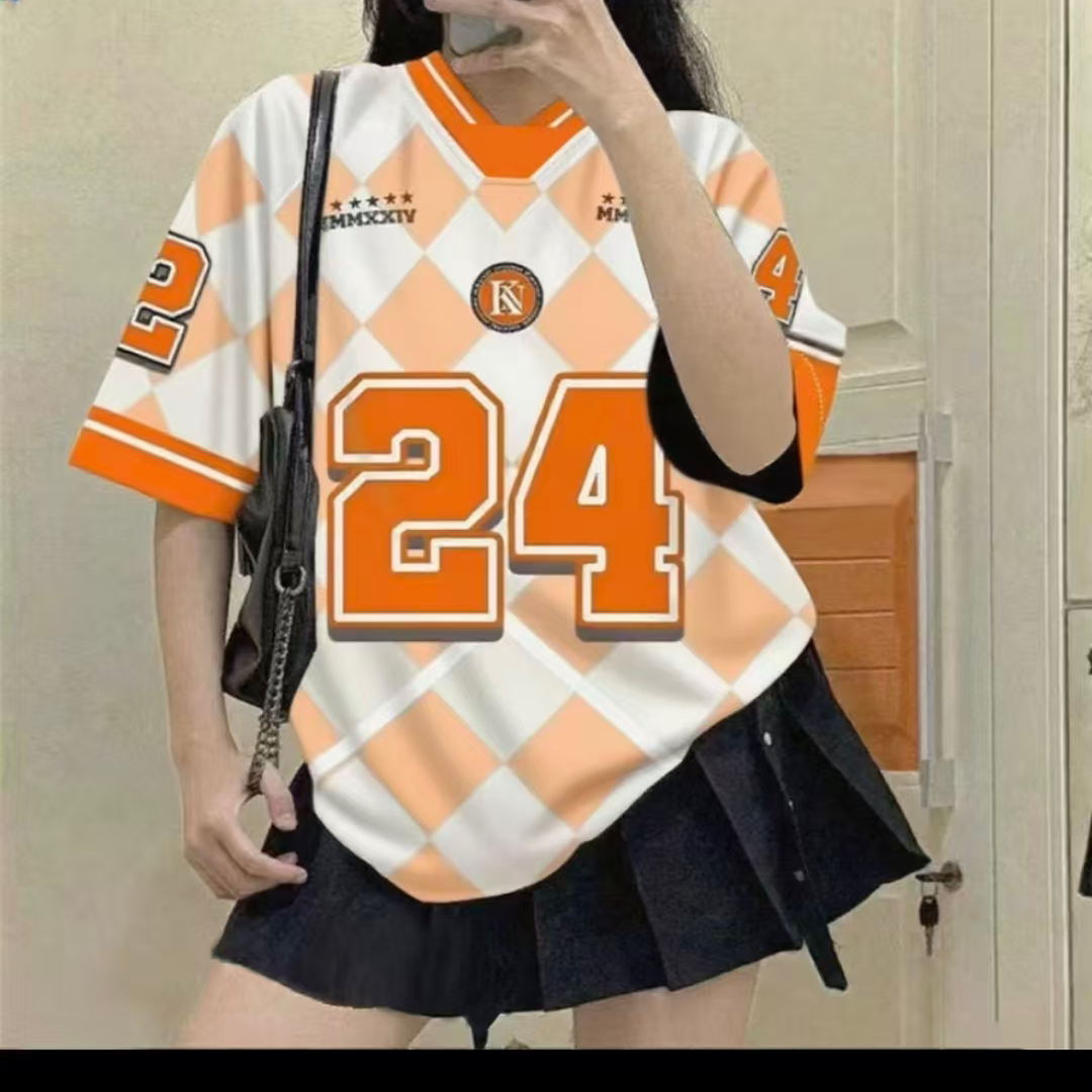 美式复古球衣风短袖T恤女宽松V领数字印花设计感上衣