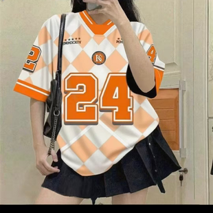 美式复古球衣风短袖T恤女宽松V领数字印花设计感上衣