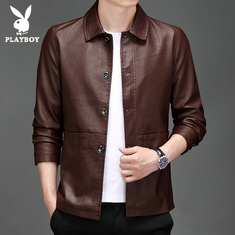 花花公子黑色皮衣男士秋季新款宽松翻领机车服潮流休闲皮夹克外套