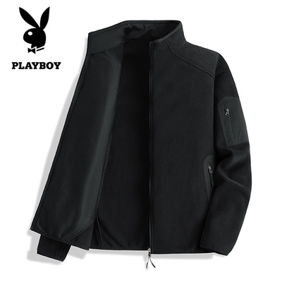 花花公子抓绒衣男款2025新款秋冬加绒运动开衫冲锋衣内胆加厚夹克